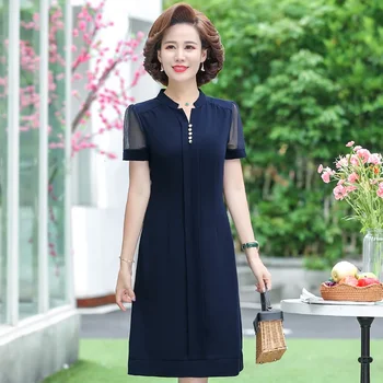 Vidutinio amžiaus moterų vasaros sundresses 2023 Nauja elegantiška šifono suknelė Ponios Korėjiečių V-kaklas Juoda Raudona Mėlyna Suknelės Moterys Elegantiškos