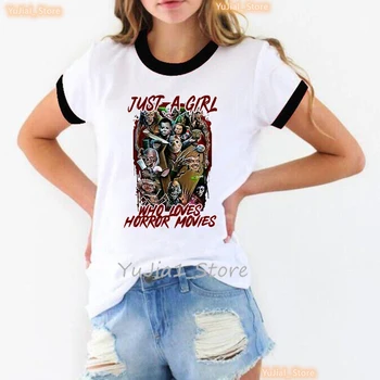Just A Girl Love Loves Horror Movies Graphic Print Tshirt Women's Clothing Halloween Gift T-Shirt Female Summer Tops Tee Shirt