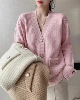 Moterys Rožinė Megztinė Viena krūtinė ilgomis rankovėmis Laisvas megztinis V formos kaklas Rudens drabužiai Megztinis Moteriškas paltas Striukės Korėjietiškas stilius