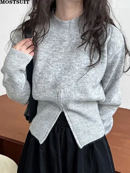Korėjietiškas stilingas megztinis su užtrauktuku Pullover Moterys 2024 Pavasario ilgomis rankovėmis Solid Elegant Vintage Fashion Trikotažas Tops Džemperiai Femme