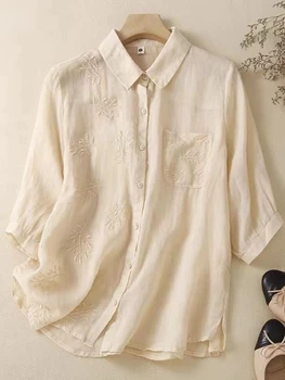 Simple Casual Solid Siuvinėjimas Polo Neck Moteriški marškiniai Vasariniai 3/4 rankovės Vienguba palaidinė Madingi moteriški drabužiai N100