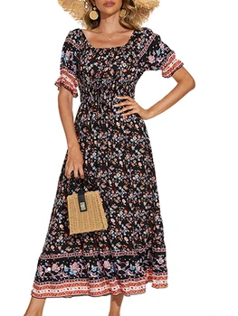 Moterys s Vasarinė ilga suknelė trumpomis rankovėmis Bohemijos gėlių atspaudas Paplūdimio suknelė A-line Smocked suknelė