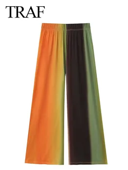 TRAF Moteriškos laisvalaikio gradiento krepšio kelnės Plisuotos vasarinės vintažinės plačios kojų kelnės moteriai prašmatnios elastinės juosmens moteriškos kelnės