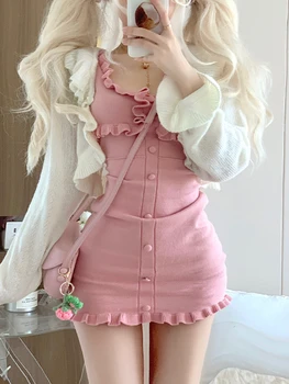 Pink Japanese Kawaii Dviejų dalių rinkinys Moterys Megztas prancūziškas elegantiškas dirželis Suknelės kostiumas Moteriškas Ruched Slim Korean Style Set 2023