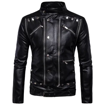 vyriška PU odinė motociklo striukė, punk rock stand kaklo paltas, aukštos kokybės, oversized, multi zipper, ruduo ir žiema