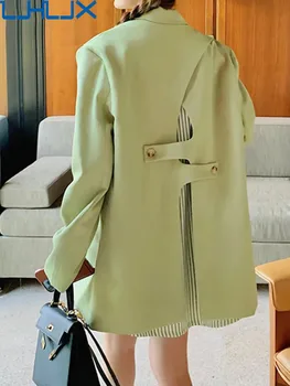 LJHLJX Fashion Women Blazer Notched Collar Single Breasted Long Sleeve Stripe Patchwork Green Suit Jackets Summer 2024 New AH550