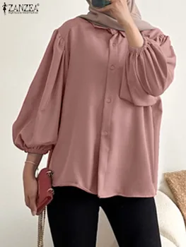 2023 ZANZEA Casual Muslim Abaya Tops Fashion Women Lapel Neck Ilgomis rankovėmis palaidinė Autumn Vintage Shirt Solid Eid Mubarek Blusas