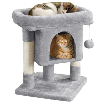 Easyfashion 2-Level Cat Tree Kitten Condo House with Plush Perch, Light Grey cat tower cat scratch board cat tree cat toy