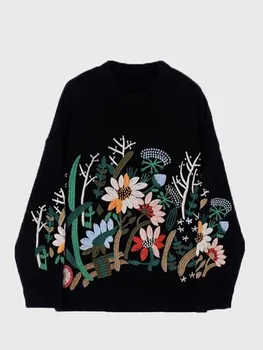 BULOCHOVA Aukštos kokybės vintažinis siuvinėtas kabliukas Gėlių megztas megztinis moterims Ruduo Žiema Prancūziškas laisvas trikotažas Tops 2023 Naujas