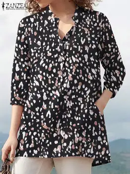 ZANZEA Vasariniai vintažiniai gėlėti marškiniai Moterys Fashion Leopard Printed Tops V Kaklas 3/4 Palaidinė Rankovėmis Elegantiškas laisvas darbas Blusas 2023