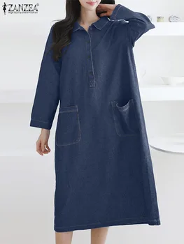 ZANZEA Mada Vienspalvė džinsinė suknelė Moteris ilgomis rankovėmis Atvartas Kaklas Midi chalatas Vintažinis Solidus Sundress Moteriškas elegantiškas OL Vestido