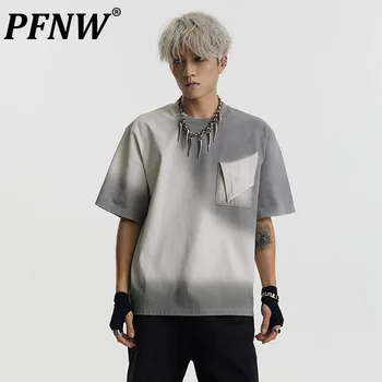 PFNW Iregular Pocket Patchwork Vyriški skalbti gradiento spalvos marškinėliai trumpomis rankovėmis Vyriški vintažiniai O-neck Tee Hiphop Nauji topai 28W1347