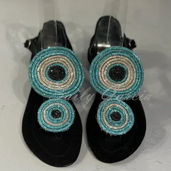 Black Suede Sandals Women Summer Eye Rhinestone Flip Flops Peep Toe Flat Sandals Large Size Ladies Shoes New Arrivals