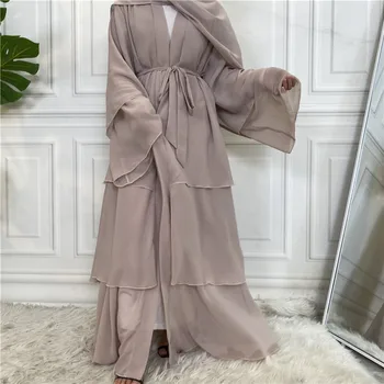 Ramadanas Eid Abayas moterims Dubajus 2023 Trijų sluoksnių minkšta šifono musulmonų mados suknelė Moteris Atidarykite Abayas su diržu Turkija Islamas