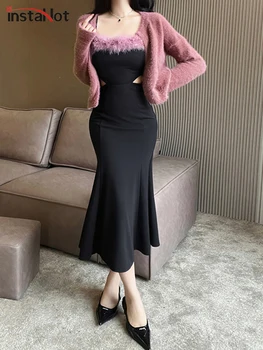 InstaHot Furry Splice Midi suknelė moterims Tuščiavidurės suknelės be rankovių be rankovių Korėjos mados vakarėlio naktiniai drabužiai 2023