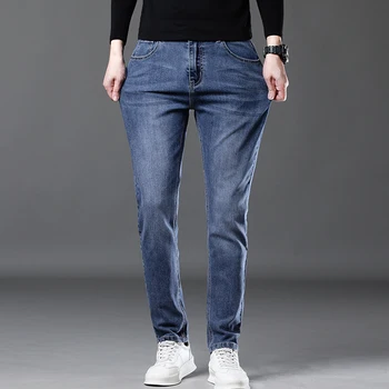 Pavasario vyrų mada Liekni tiesūs džinsai Mėlyni retro prabangaus dizaino skalbtos tamprios džinsinės kelnės Verslas Laisvalaikio vyro kelnės