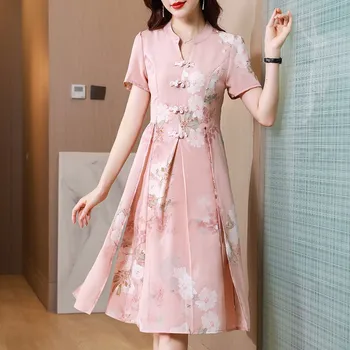 2023 rožinė Spausdinti Šilkas Satin Trumpomis rankovėmis Midi suknelė Moterys Vintage Azijos stiliaus cheongsam Vestidos vasarinė elegantiška suknelė