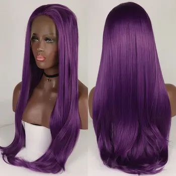 Bombshell Dark Purple Straight Glueless Synthetic 13X4 Nėrinių priekiniai perukai Aukštos kokybės karščiui atsparūs pluoštiniai plaukai moterims Perukai