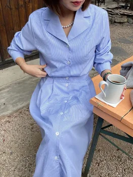 Notched Contrast Stripe Shirt Dress For Women Single Breast Casual Dresses 2023 Spring Autumn New Ladies Vestido M685
