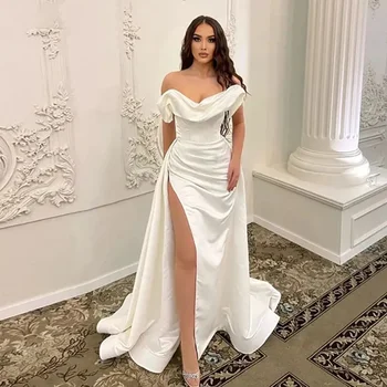 Elegantiškos satino vestuvinės suknelės nuotakos kaspinams Princess Backless Off Shoulder High Split Civil Bridal Gowns Chapel Train 2023