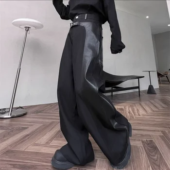 2023 Juodos aukštos arkadinio stiliaus odinės kelnės vyriškos laisvų plaukų stilisto kelnės nišos sagties dizainas jausmas laisvalaikio kelnės