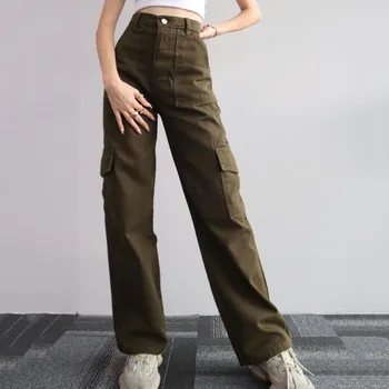 Vintage Straight Style Baggy Kelnės Moteriškos laisvalaikio kišeninės kelnės 90s Vintažiniai drabužiai Plati koja Y2k Street Krovininės kelnės aukštu liemeniu