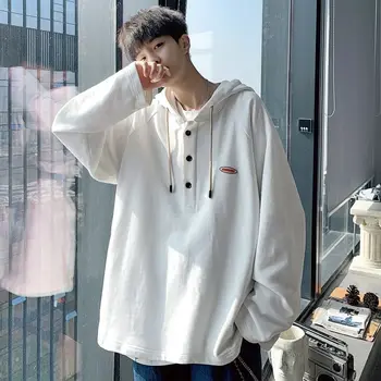 Minimalistinis vyriškas grynas baltas megztinis Korėjietiškas stilius Laisvi marškiniai su gobtuvu Viršutinė poros apranga Rudens drabužiai ilgomis rankovėmis Gatvės drabužiai