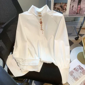 Mada Vintažiniai balti siuvinėti marškiniai Moteriški stovas Apykaklė Ilgomis rankovėmis Moteriška palaidinė Laisva Elegantiška Solid Lady Tops Blusas 29836
