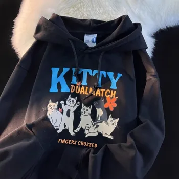 Japonų juodos katės Mielas animacinis filmas Džemperis Anime Hoodie College Vyrai Moterys Hip Hop Funny Pullover Žieminiai drabužiai Laisvas laisvalaikis