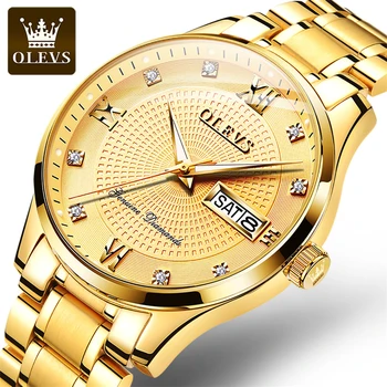 OLEVS Prekės ženklas Prabangus auksinis mechaninis laikrodis vyrams Mada Nerūdijančio plieno vandeniui atsparus šviečiantis savaitės kalendorius Verslo vyriški laikrodžiai