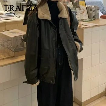 TRAFZA 2023 Rudens žiemos moterys Laisvalaikio baikeris PU striukė Mada Vintage Solid Spliced Laisvas užtrauktukas Moteriški drabužiai Korėjiečių stilingi