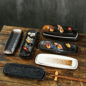 Kryžminė japoniško stiliaus keraminė ilga plokštelė stačiakampė plokštelė sulankstyta Dim sum lėkštė kūrybinės virtuvės suši sashimi