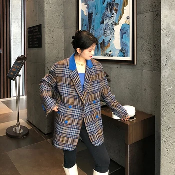 Moteriški švarkai Mėlyni pledai Nauji 2023 m. pavasario vintažiniai patchwork tvido velvetiniai languoti laukiniai lady tops drabužiai