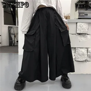 Casual Pants Women Wide-leg Loose BF Streetwear Leisure Harajuku Yamamoto-yoji Black Pockets Unisex Womens Large Swing Fashion
