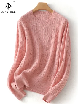 birdtree 100%vilnos megztinis moterys apvaliu kaklu vientisa spalva saldus švelnus patogus laisvalaikio universalus šiltas megztinis krenta T3N013QD