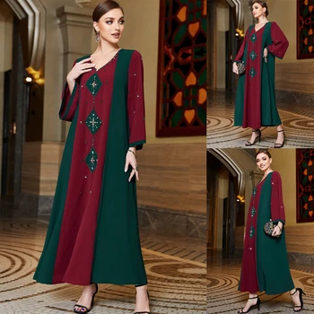 Pure Handwork Rhinestone Long Dress For Muslim Abaya Arab Women Chic V-neck Full Sleeve Dubai Jalabiya Moroccan Chabe Eid Ramadan