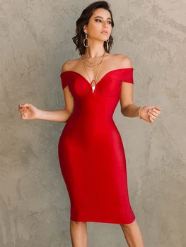 Off Pečių tvarsčio suknelė Naujiesiems 2022 metams Moteriška raudona tvarsčio suknelė Bodycon Elegantiška vasaros seksuali vakarėlio suknelė Vakarinio klubo apranga