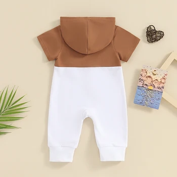 Infant Baby Boy Summer Romper Apranga Kontrastinė spalva Trumpomis rankovėmis kišeninis gobtuvas Kombinezonas Smėlinukas Mieli drabužiai naujagimiams