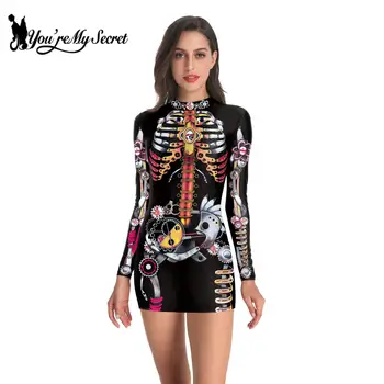 [You're My Secret] 2023 Vintage Steampunk Moteriškos suknelės Mada Skeleton Skull Drabužiai Moteriška suknelė ilgomis rankovėmis Trumpa suknelė
