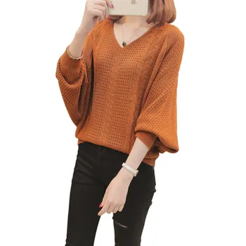 Betmeno marškiniai Laisvas megztinis Vilnonis viršus Moteriškas ruduo ir žiema Naujo korėjietiško stiliaus tuščiaviduris žibinto rankovės megztinis Moteriškas paltas
