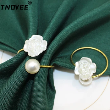 24vnt Baltų perlų gėlių servetėlių žiedai Rožių servetėlių laikiklis vestuvėms Valentino dienos nuotakos dušas Valgomojo stalo dekoras ERF38