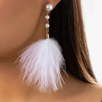 1Pair romantiški ilgi puokštės pūkuoti plunksnų lašo auskarai moterims Wed elegantiškas Boho imitacija Perlų kablio auskaras Y2K papuošalai
