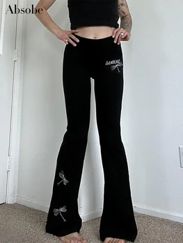 Absobe Letter Dragonfly siuvinėjimas Sujungtos karštos deimantinės kelnės Moterys Mid Rise Wrap Hip Slim Leisure Long Pants Streetwear