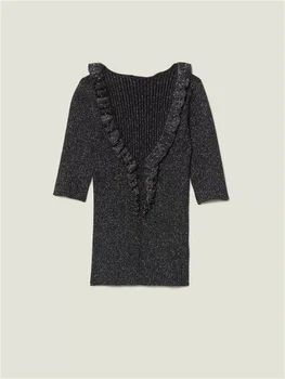 2024 m. pavasaris Naujas moteriškas megztinis V-Neck Ruffle Edge Pearl Decoration Top Ladies Thread Bright Line Slim Short Sleeve Pullover