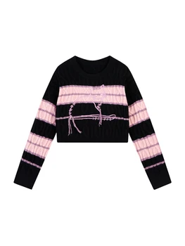 New Fall Winter Womwn Korean Fashion Siuvinėjimas Vintage Striped Kawaii Crop Sweater Y2k Gyaru Pullovers Kontrastinės spalvos trikotažas