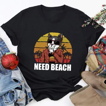 Cat Need Beach Sunset 100%Cotton Moteriški marškinėliai Unisex Funny Summer Casual trumpomis rankovėmis Top Tee Cat Momlife marškiniai Augintinio meilužio dovana