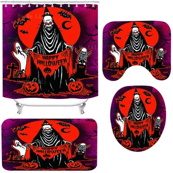 Blogio meno trečiadienis Laimingas Helovino šikšnosparnis Vaiduoklis Skeletas Vienišas baltas mielas vaiduoklis ir Jack-O '-žibintų dušo užuolaidų rinkiniai su kilimėliais