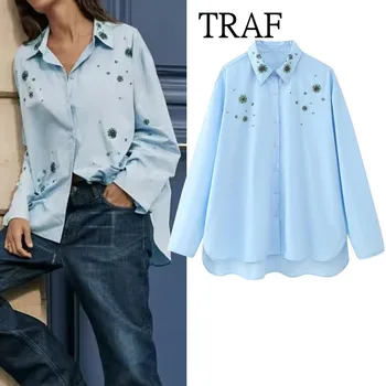 TRAF Mėlyni marškiniai Moterys 2023 Vintažinės siuvinėjančios palaidinės Ir Marškiniai Moteriški drabužiai Ilgomis rankovėmis Elegantiškos palaidinės Biuro moteriški marškiniai