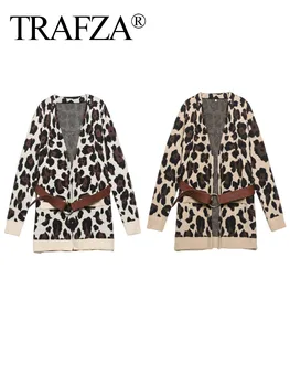 TRAFZA Winter Female Fashion Casual Belt Knit Leopard Print Ilgomis rankovėmis Cardigan Women Vintage V Neck Loose Coat Streetwear