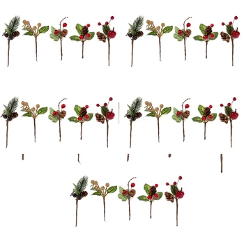 75vnt Raudonų kalėdinių uogų ir kankorėžių skynimas su šventinėmis šakomis šventiniams gėlių dekoro gėlių amatams